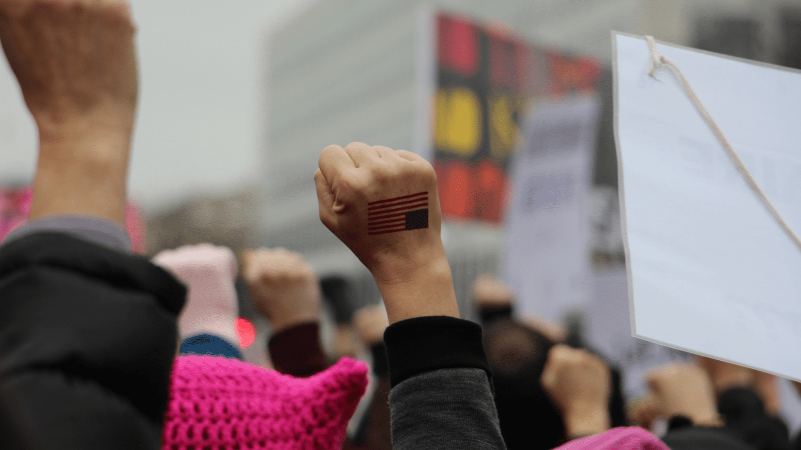 fists raised in a group of protestors